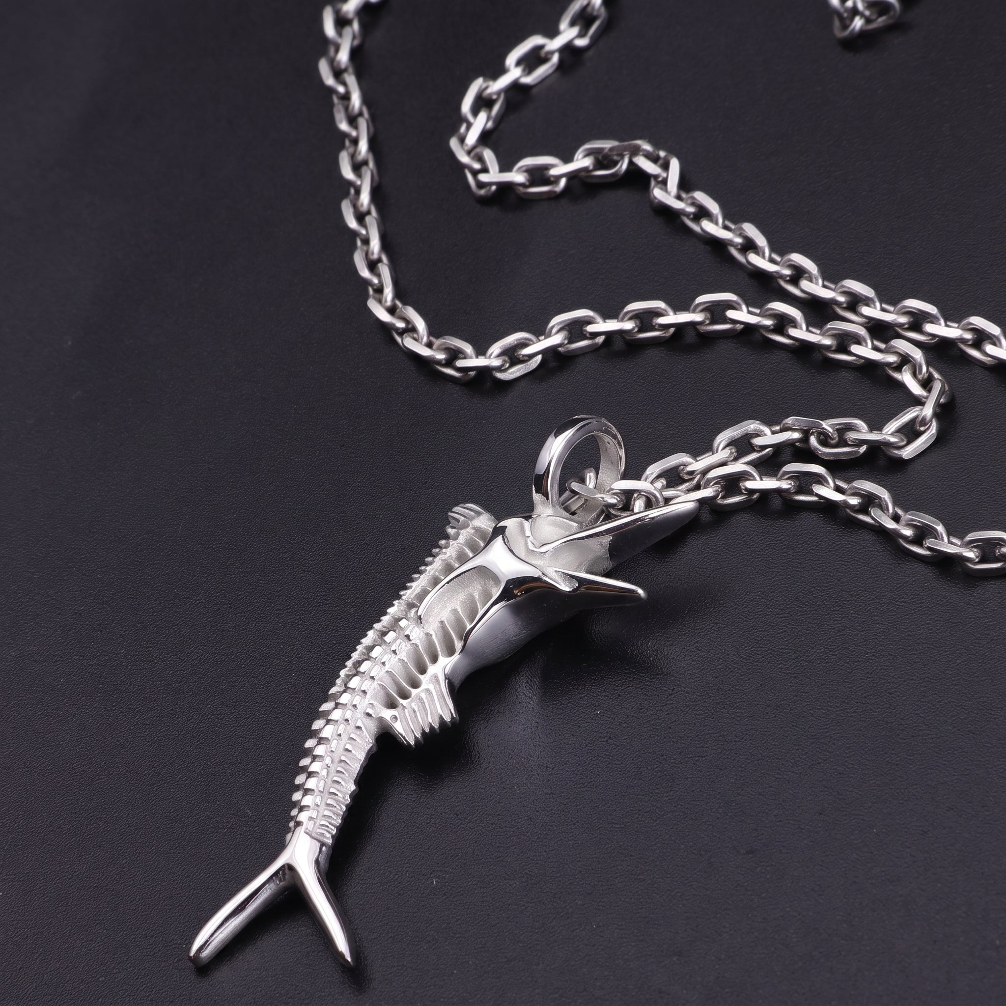 925 Sterling Silver Sailfish Skeleton Pendant Necklace, Vintage Marlin Fish Bone Jewelry