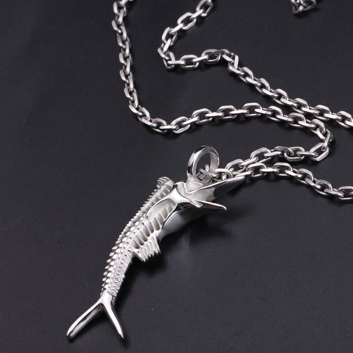 925 Sterling Silver Sailfish Skeleton Pendant Necklace, Vintage Marlin Fish Bone Jewelry