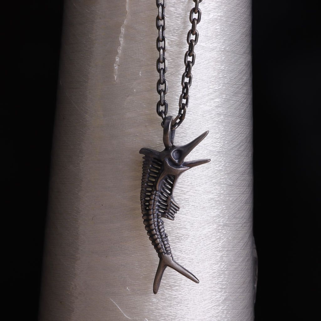 925 Sterling Silver Sailfish Skeleton Pendant Necklace, Vintage Marlin Fish Bone Jewelry