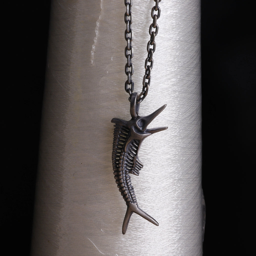925 Sterling Silver Sailfish Skeleton Pendant Necklace, Vintage Marlin Fish Bone Jewelry
