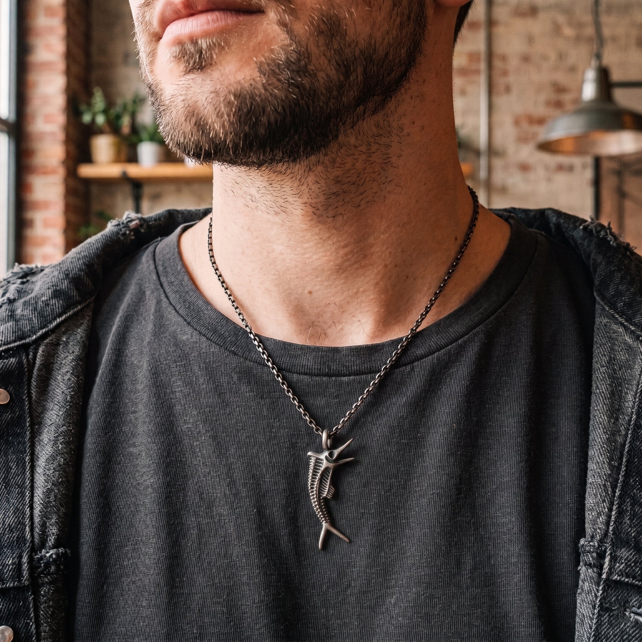 925 Sterling Silver Sailfish Skeleton Pendant Necklace, Vintage Marlin Fish Bone Jewelry