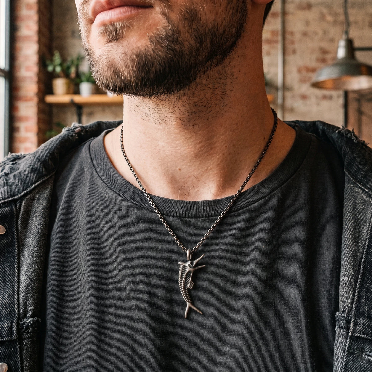 925 Sterling Silver Sailfish Skeleton Pendant Necklace, Vintage Marlin Fish Bone Jewelry