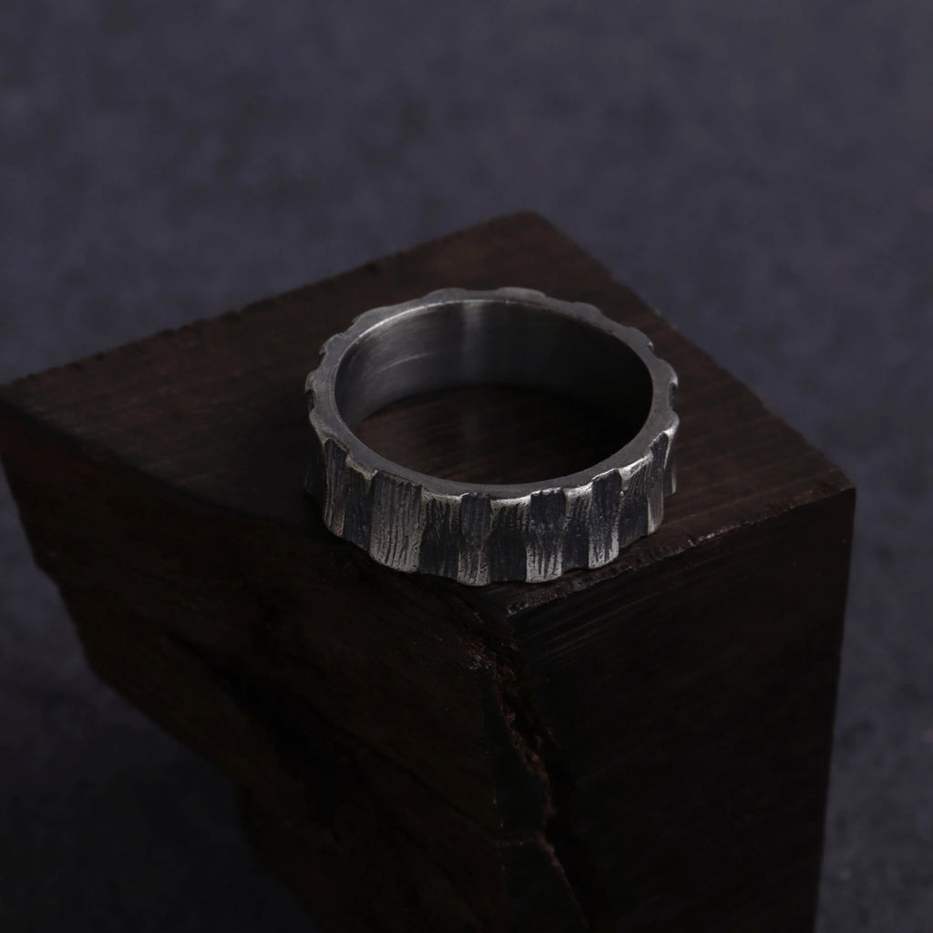 Custom Engraved Bark Textured 925 Sterling Silver Ring for Men