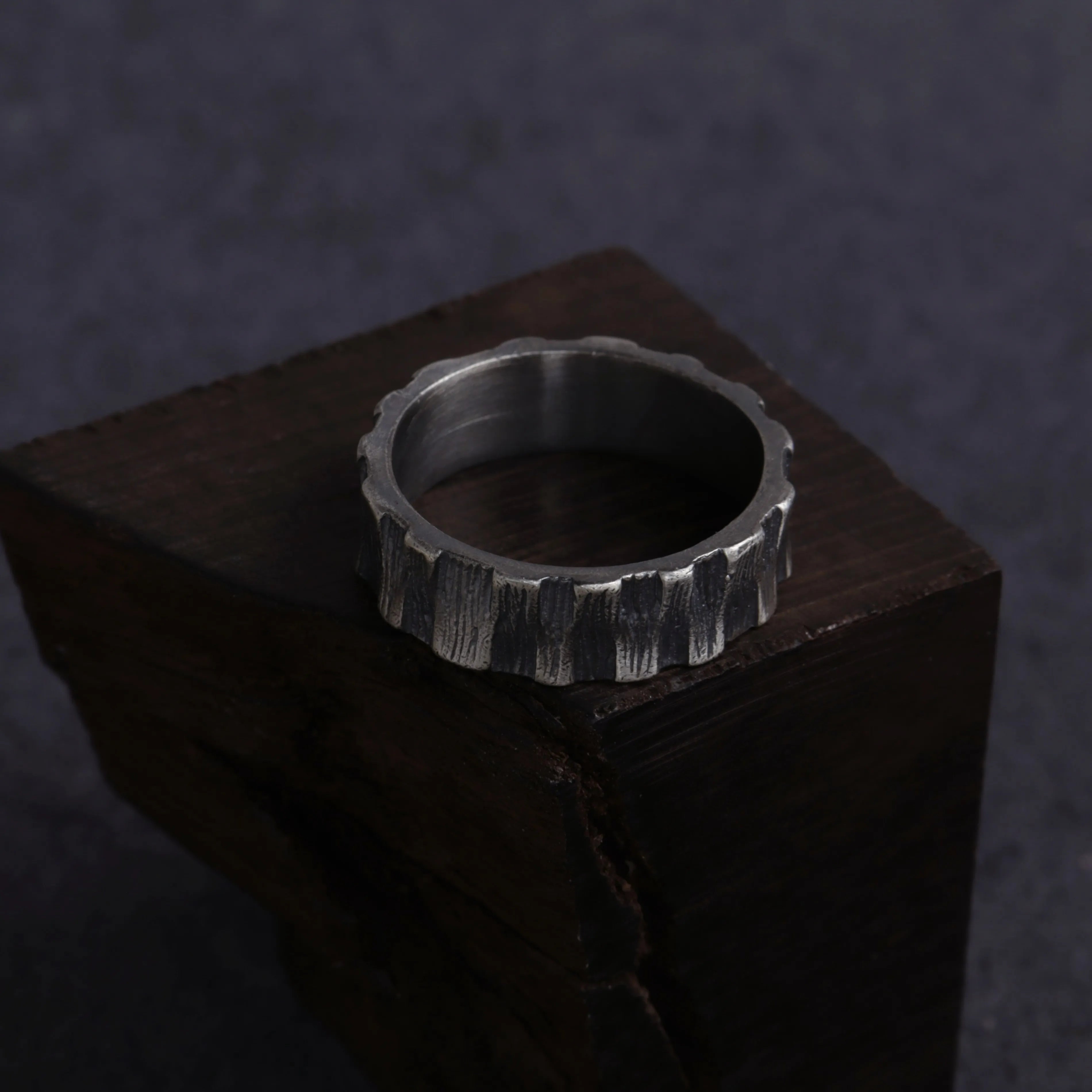 Custom Engraved Bark Textured 925 Sterling Silver Ring for Men