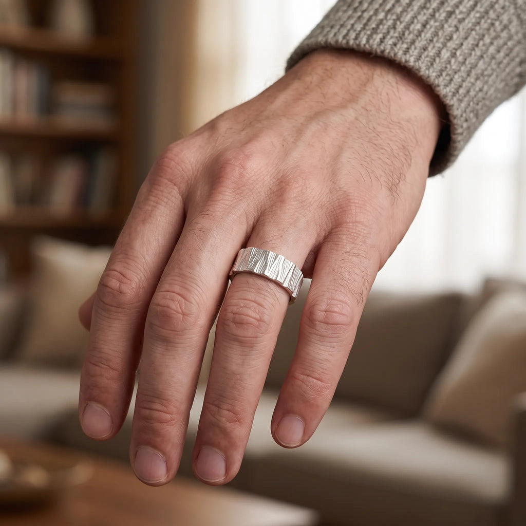 Custom Engraved Bark Textured 925 Sterling Silver Ring for Men