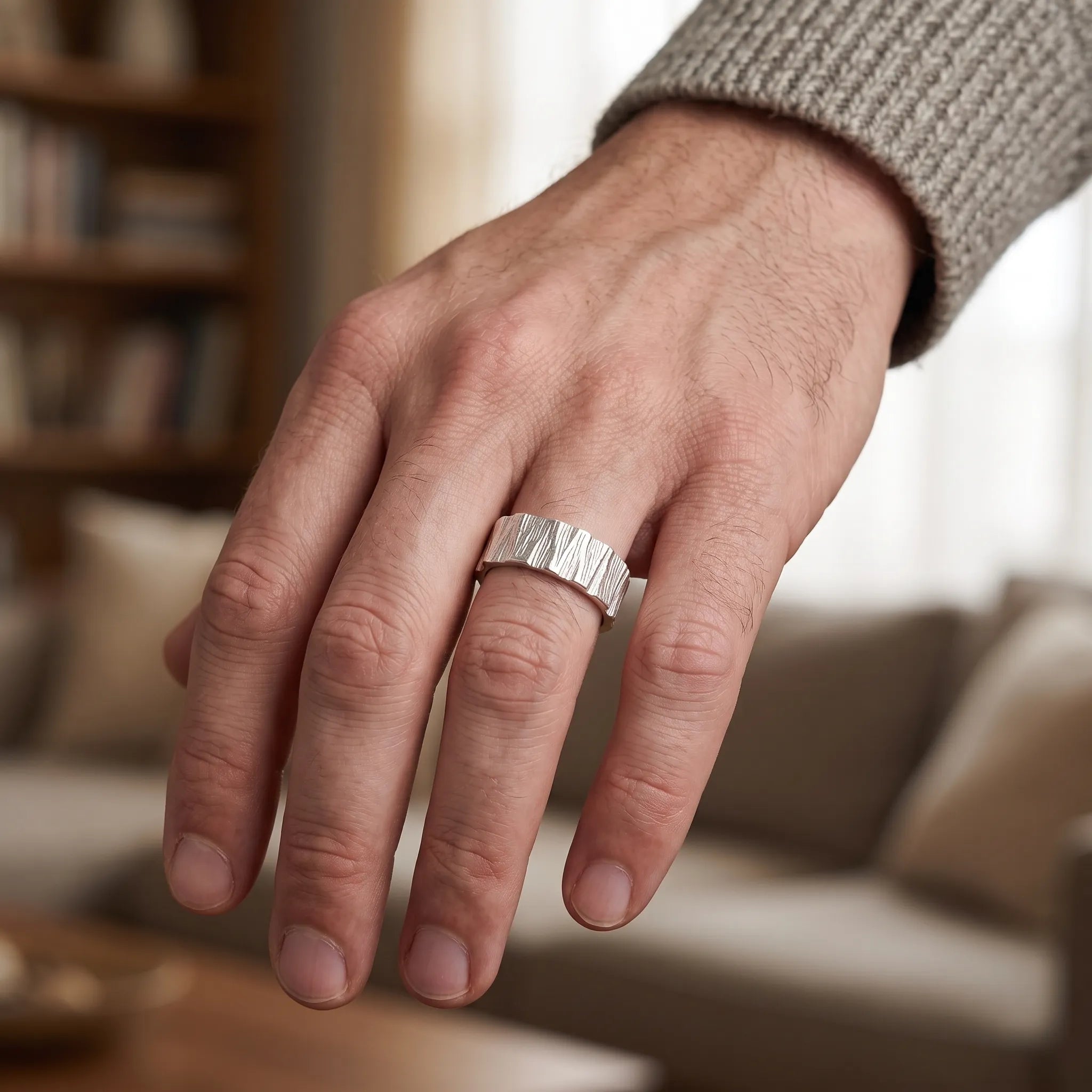 Custom Engraved Bark Textured 925 Sterling Silver Ring for Men