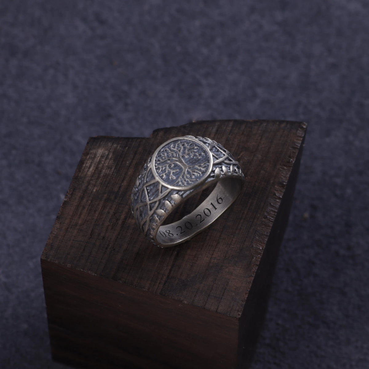 Men’s Personalized 925 Sterling Silver Tree of Life Ring, Celtic Family Tree Signet Band