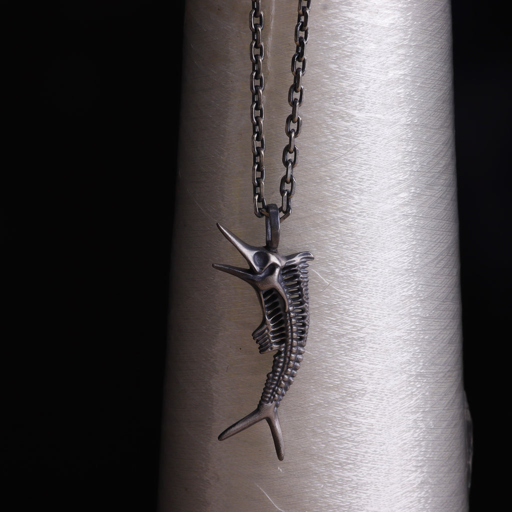 925 Sterling Silver Sailfish Skeleton Pendant Necklace, Vintage Marlin Fish Bone Jewelry