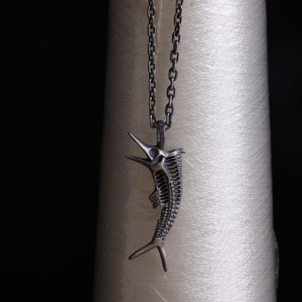 925 Sterling Silver Sailfish Skeleton Pendant Necklace, Vintage Marlin Fish Bone Jewelry