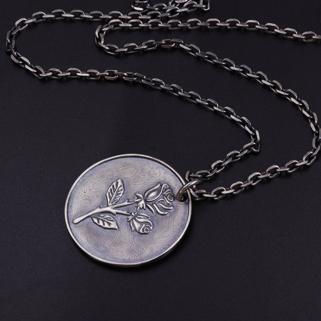 925 Sterling Silver Rose Pendant Necklace, Engravable Personalized Floral Medallion