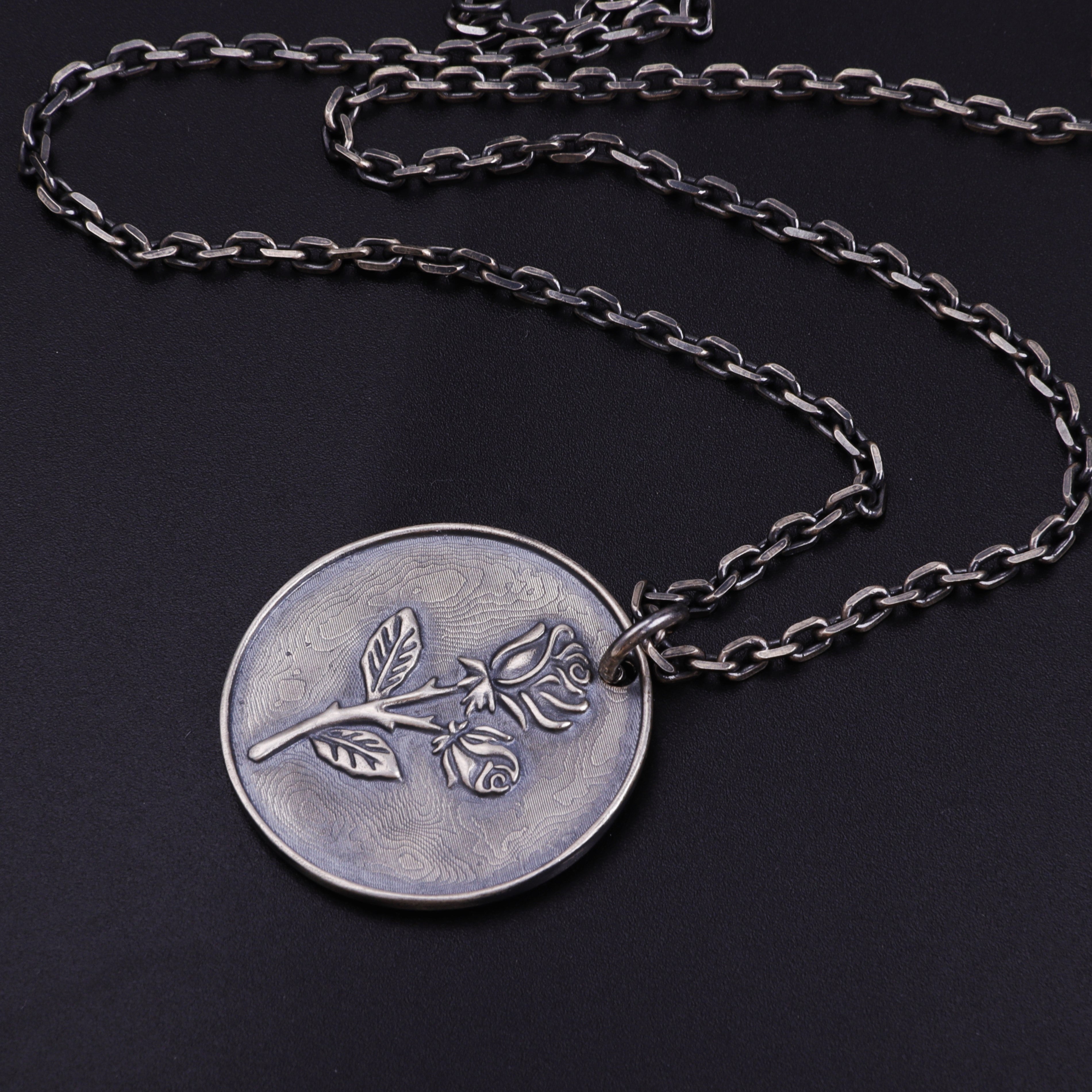 925 Sterling Silver Rose Pendant Necklace, Engravable Personalized Floral Medallion