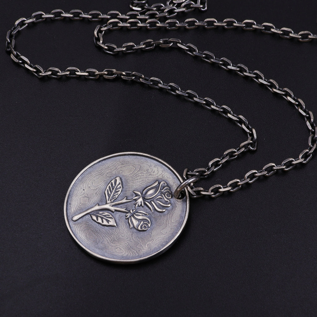 925 Sterling Silver Rose Pendant Necklace, Engravable Personalized Floral Medallion
