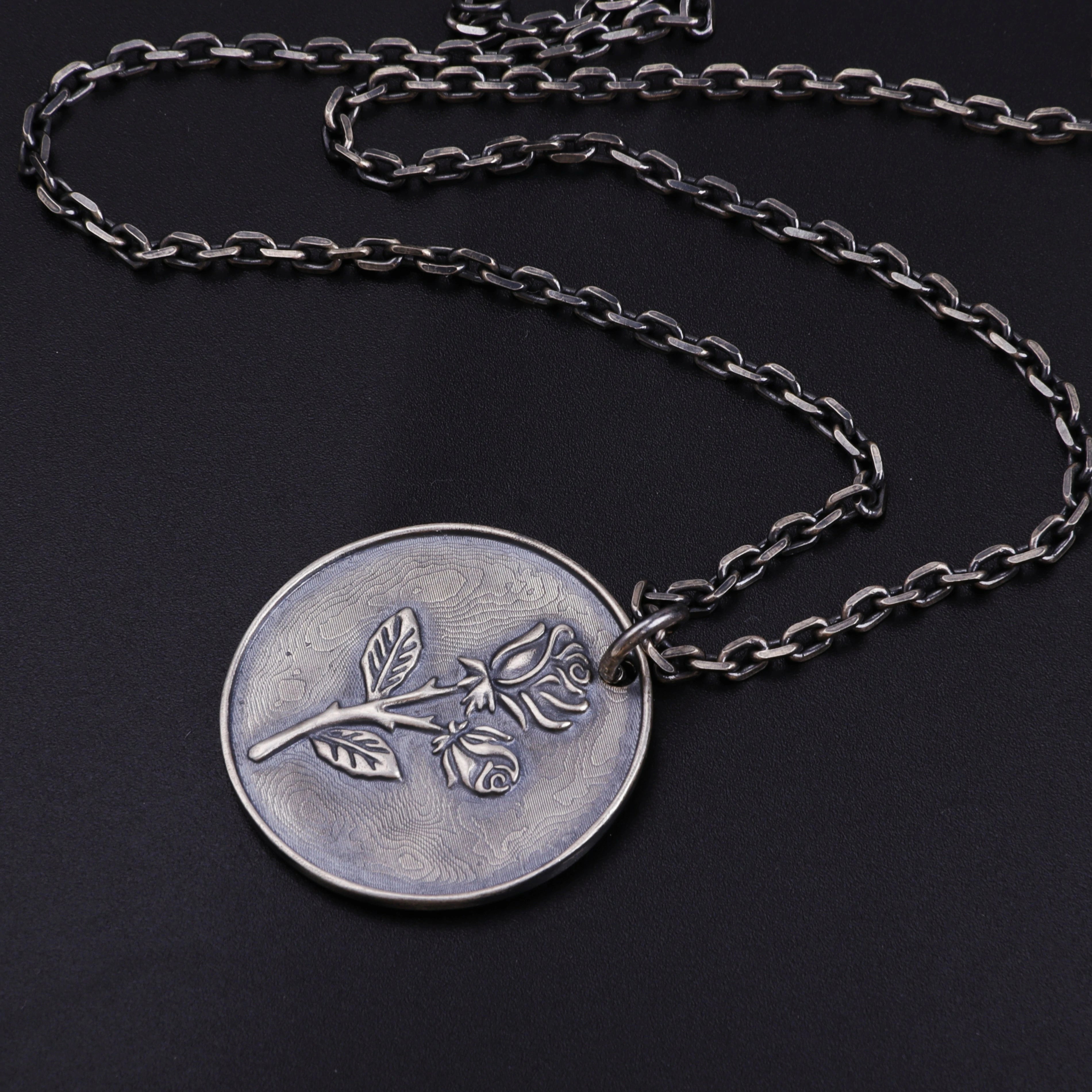 925 Sterling Silver Rose Pendant Necklace, Engravable Personalized Floral Medallion