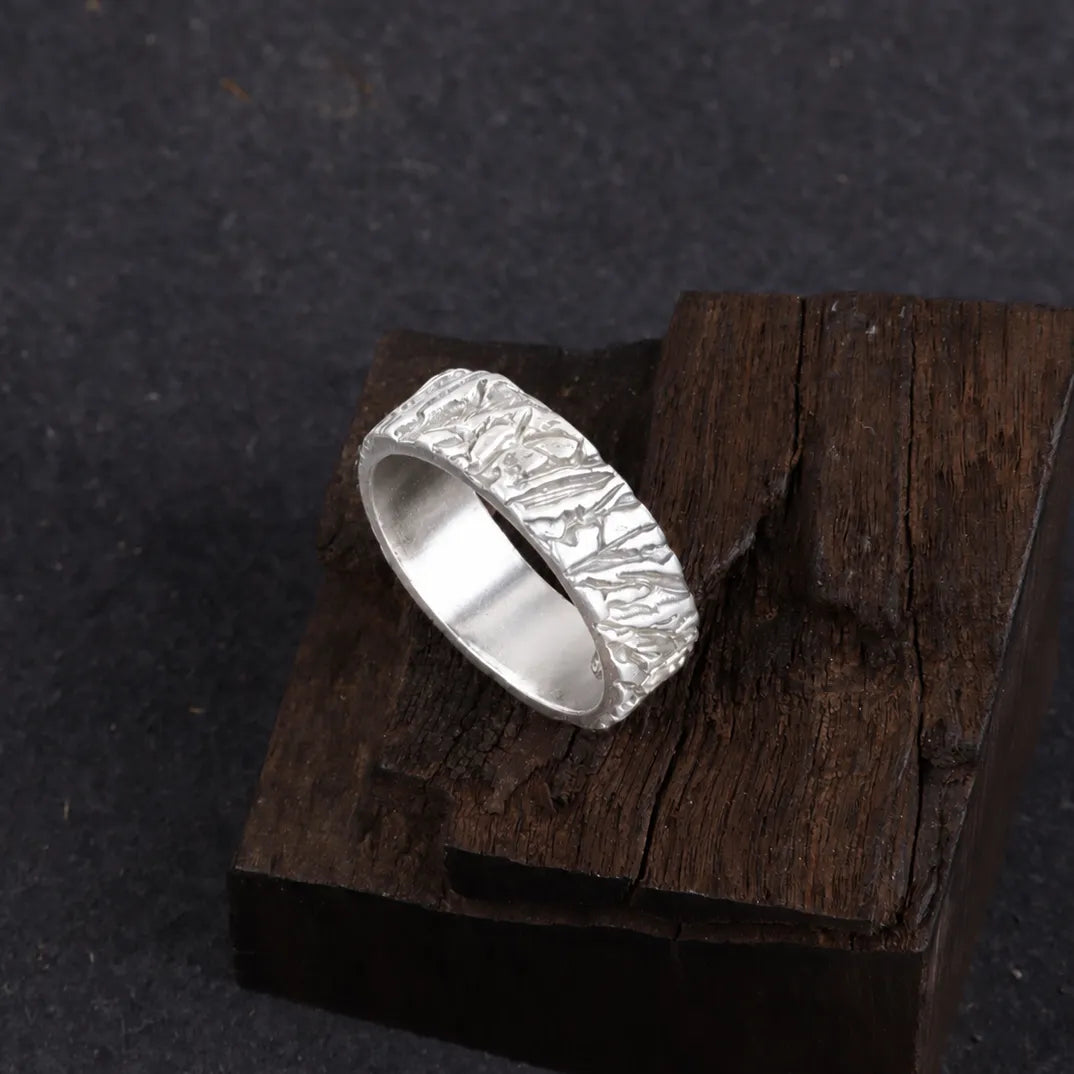 Custom Engraved Men's 925 Sterling Silver Lava Textured Ring