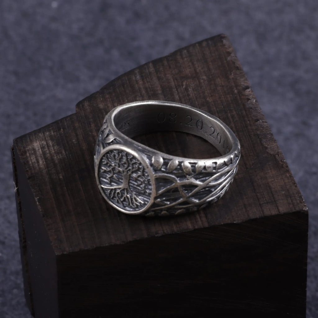 Men’s Personalized 925 Sterling Silver Tree of Life Ring, Celtic Family Tree Signet Band