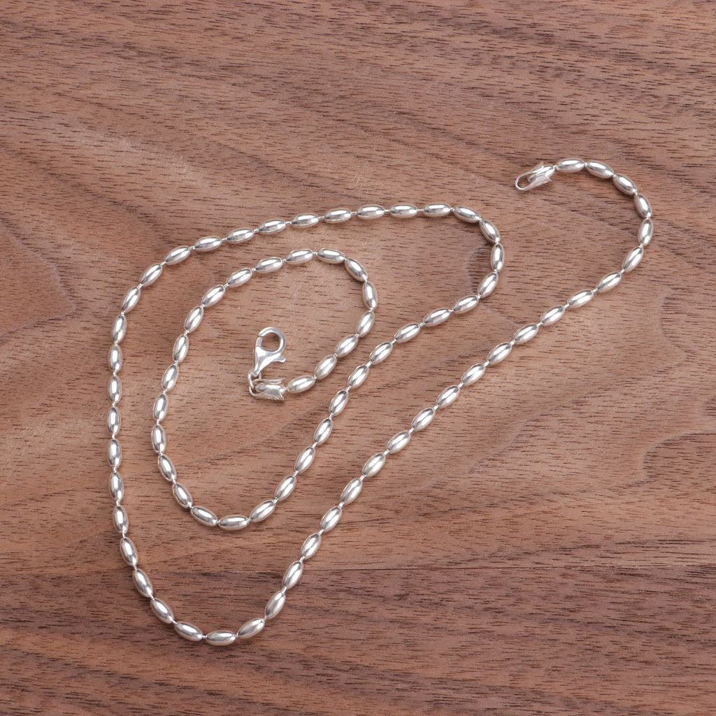 Women's 925 Sterling Silver Oval Rice Bead Chain Necklace