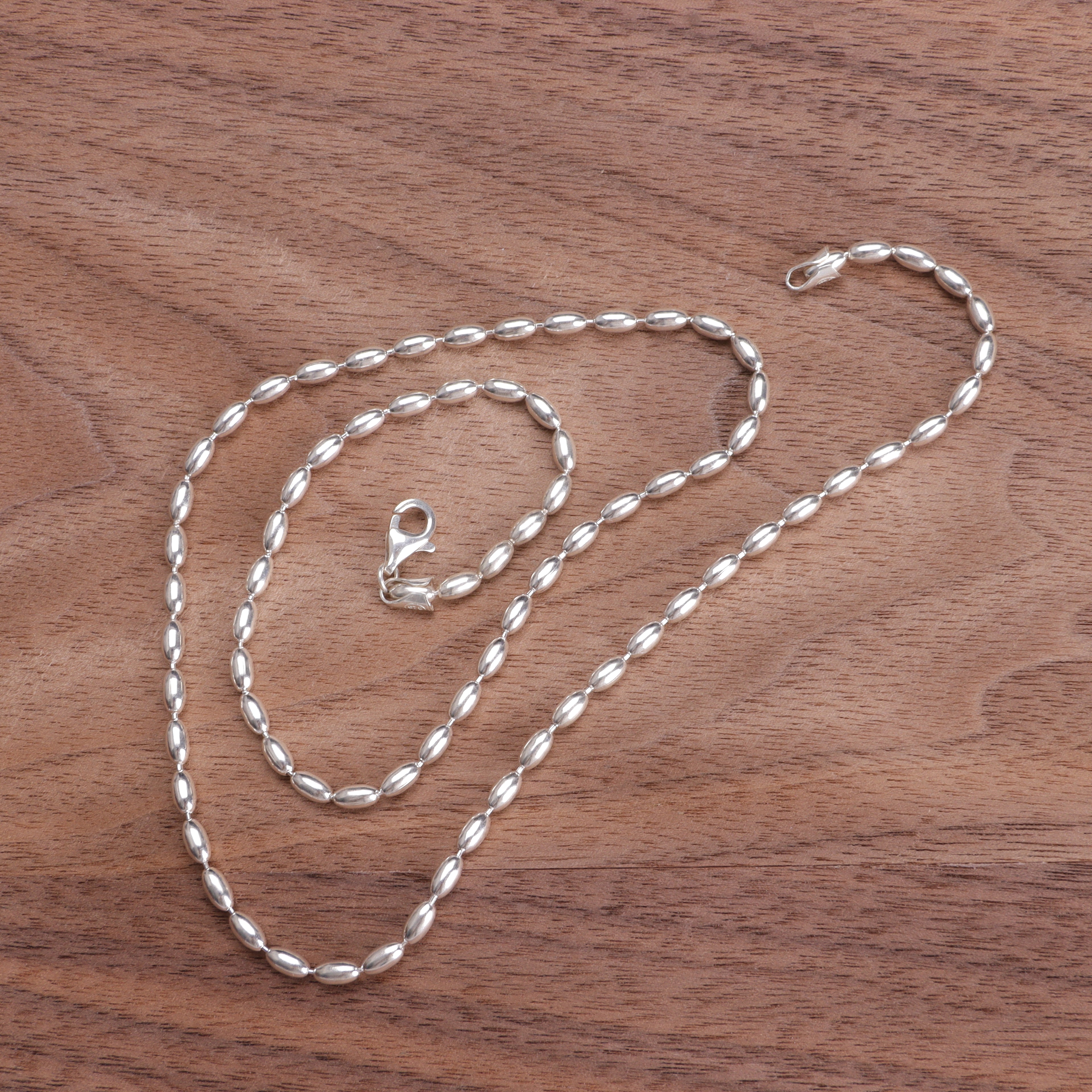 Women's 925 Sterling Silver Oval Rice Bead Chain Necklace