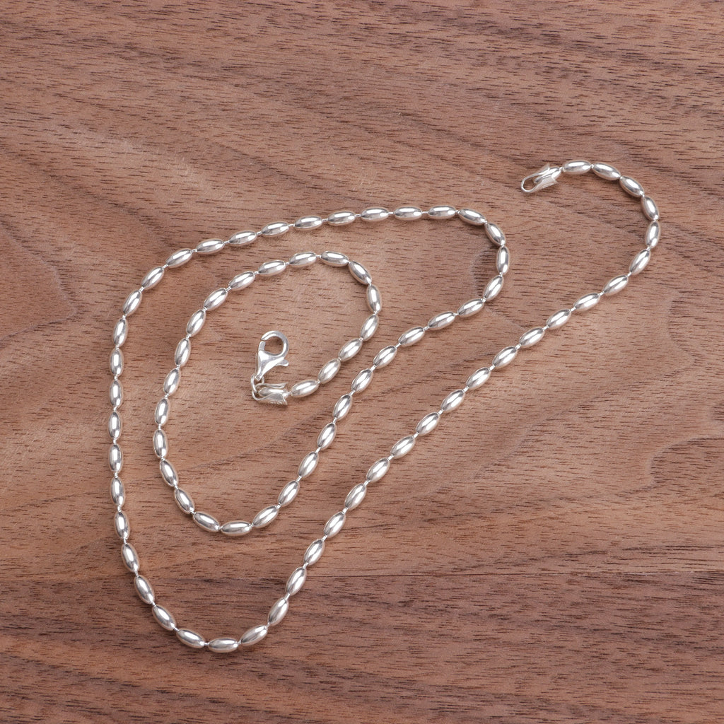 Women's 925 Sterling Silver Oval Rice Bead Chain Necklace