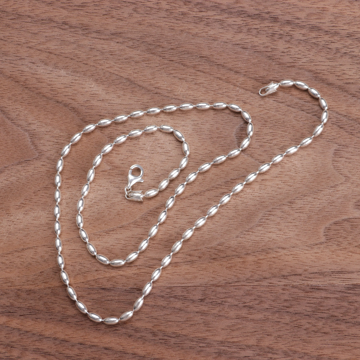 Women's 925 Sterling Silver Oval Rice Bead Chain Necklace
