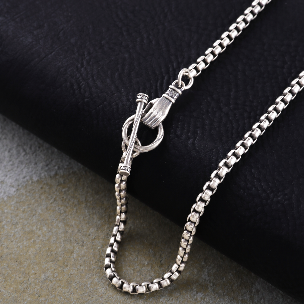 Vintage Silver Hand OT Toggle Box Chain Men Necklace Gift for Him Birthday-3mm-5mm Sizes
