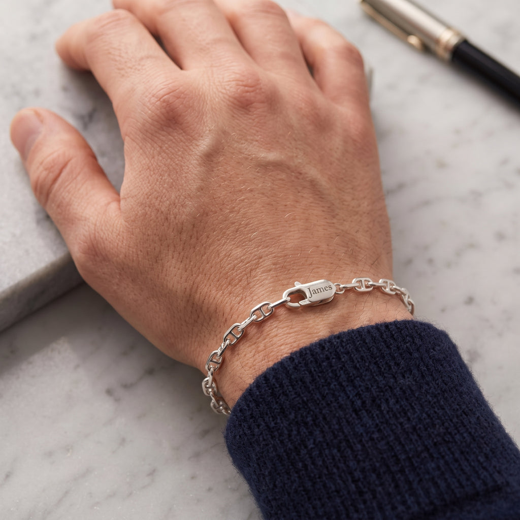 Minimalist Mariner Anchor Chain Bracelet, Personalized 925 Sterling Silver Custom Name Wristband