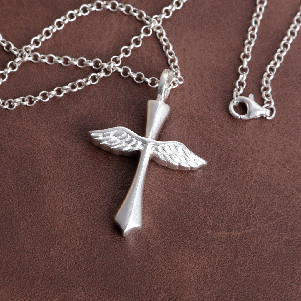 Custom 925 Sterling Silver Angel Wings Cross Pendant Bringing Holy Protection And Grace