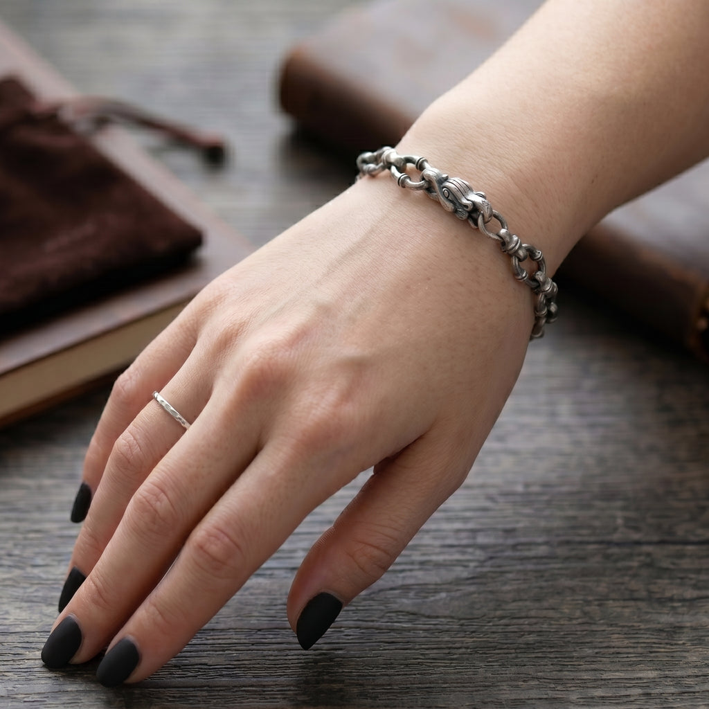 Gothic Wilderness Bamboo Bracelet, Solid 925 Sterling Silver Detailed Mythic Beast Wristband