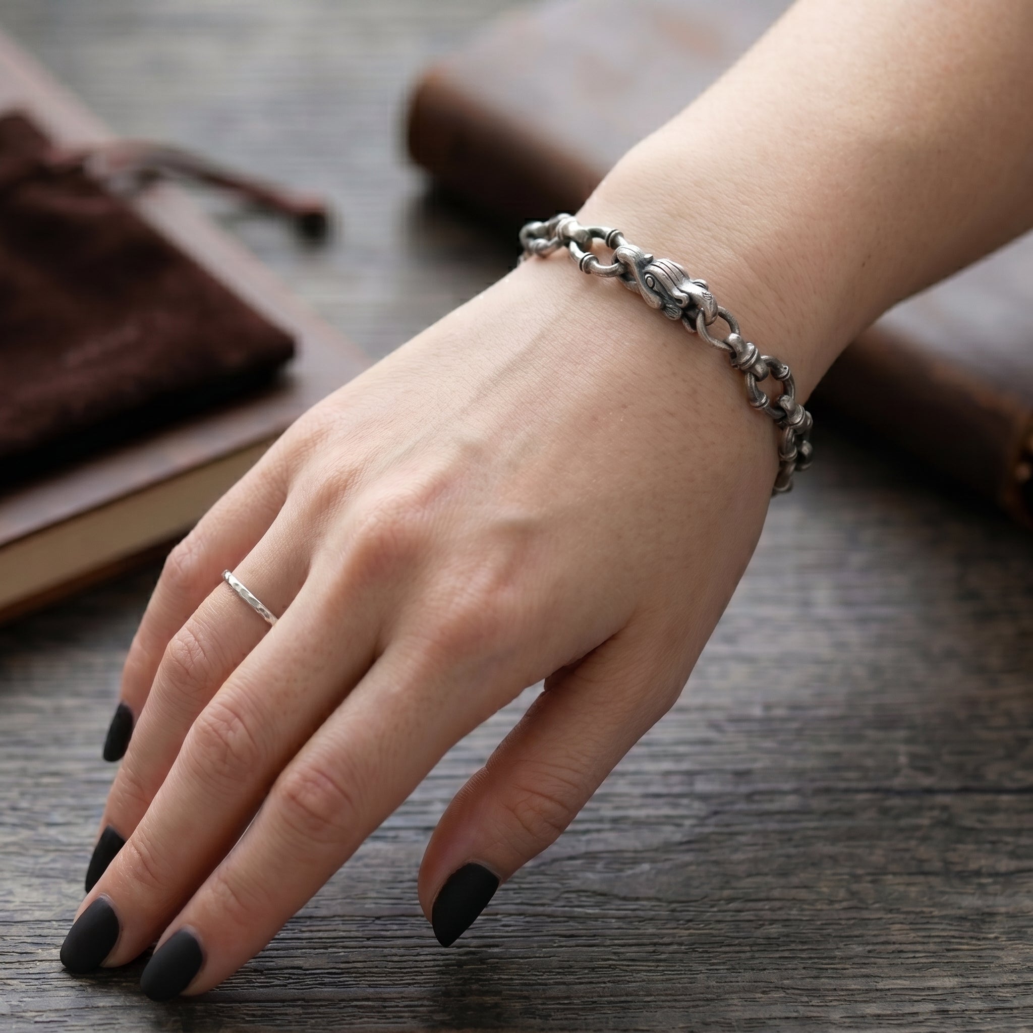 Gothic Wilderness Bamboo Bracelet, Solid 925 Sterling Silver Detailed Mythic Beast Wristband