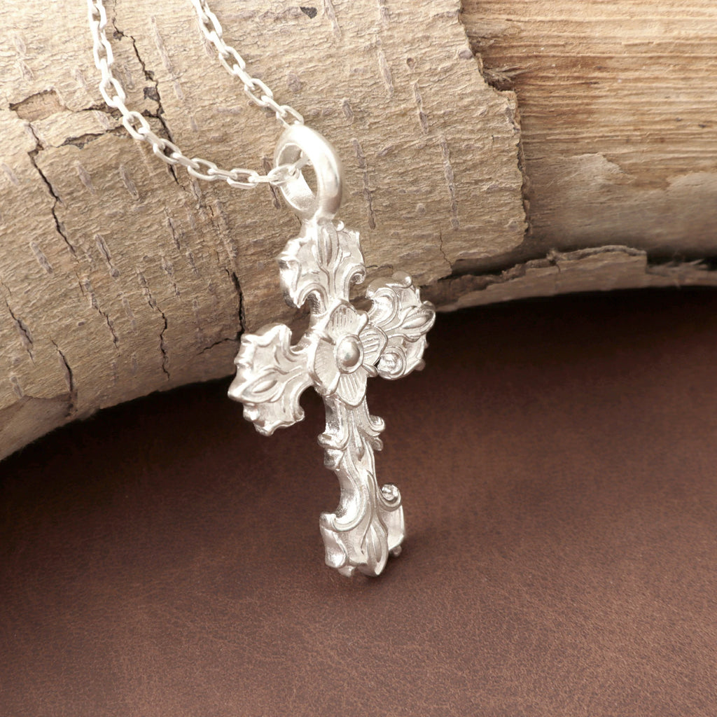 Custom 925 Sterling Silver Baroque Floral Cross Pendant for Sacred Grace & Eternal Faith