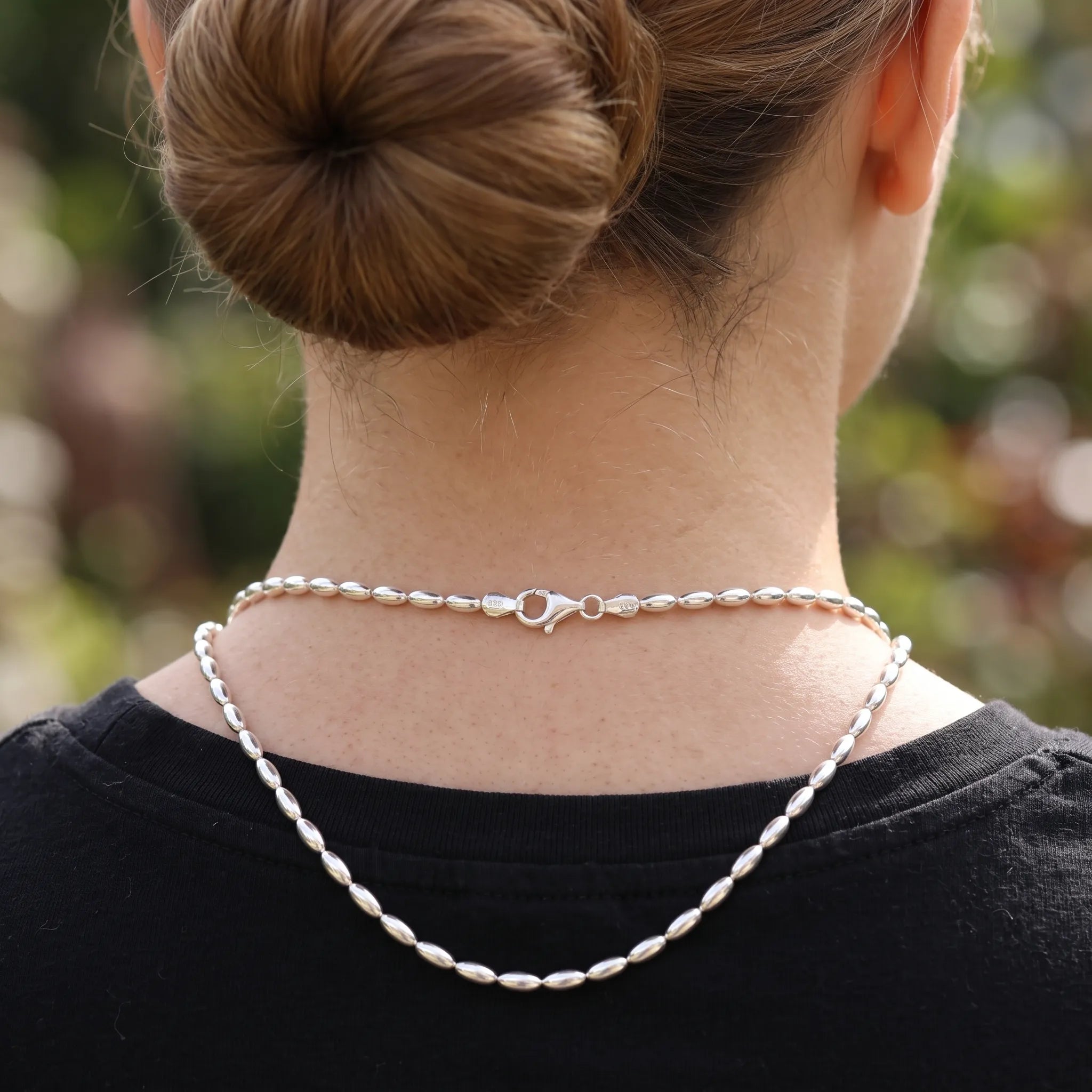 Women's 925 Sterling Silver Oval Rice Bead Chain Necklace