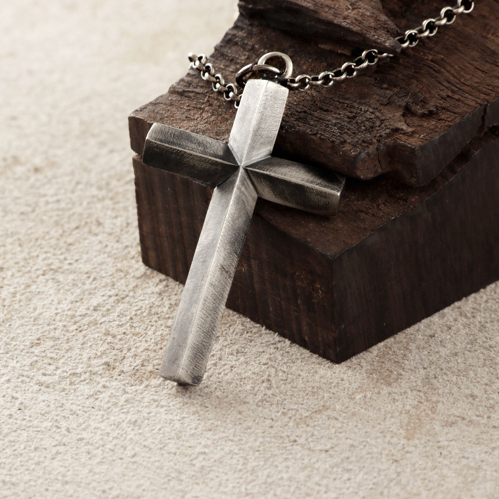 925 Sterling Silver Spiritual Beveled Prism Cross Durable Custom Engravable Necklace