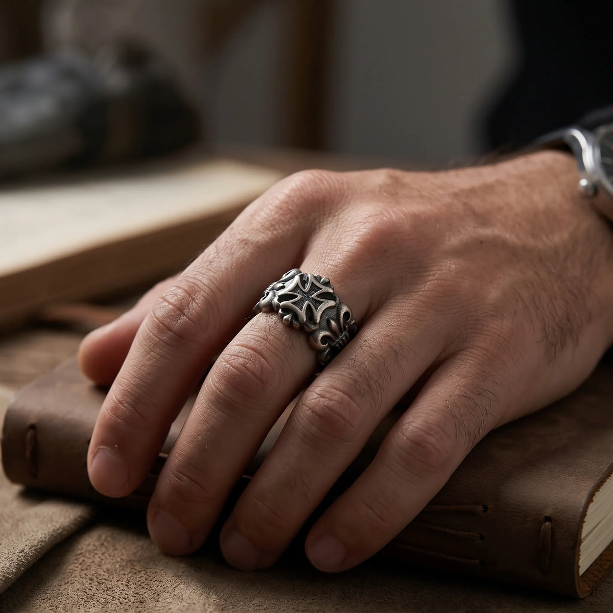 925 Sterling Silver Fleur de Lis Gothic Band, Personalized Biker Promise Ring, Religious Gift for Him