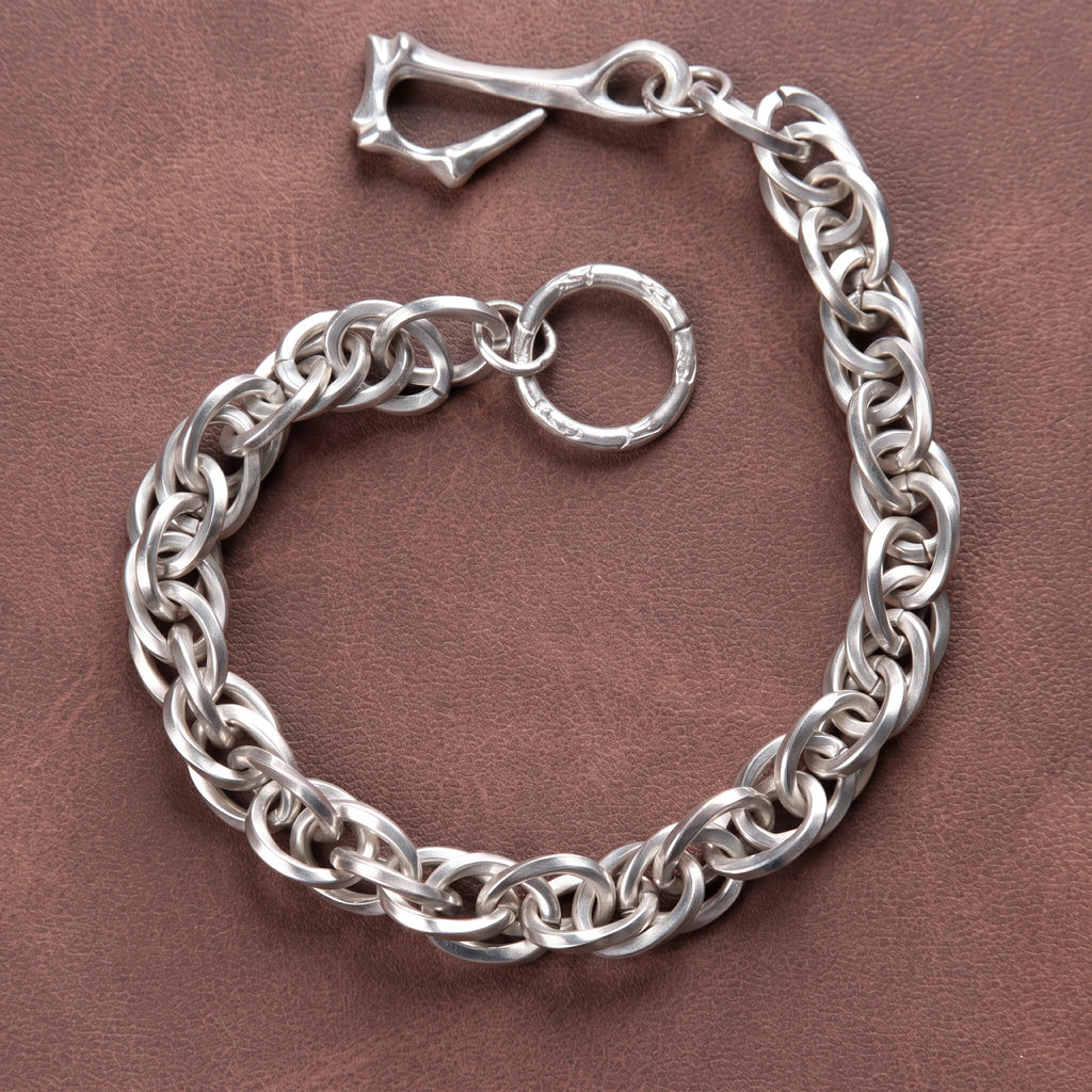 Rustic 925 Sterling Silver Heavy Loop Chain Bracelet with Artisan Bone Clasp