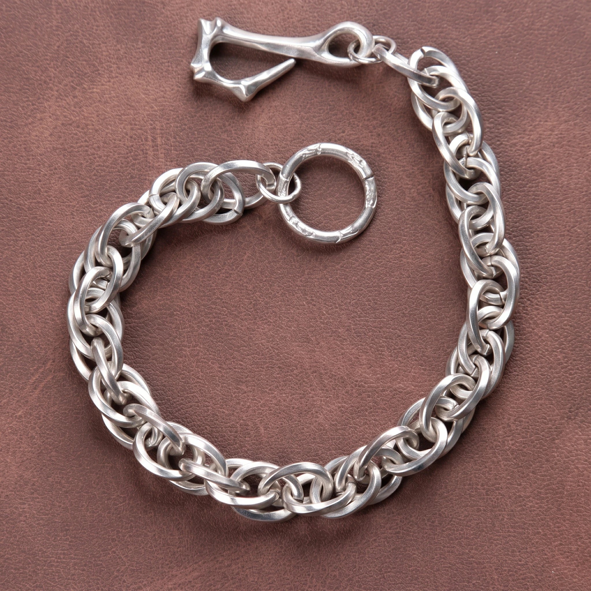 Rustic 925 Sterling Silver Heavy Loop Chain Bracelet with Artisan Bone Clasp
