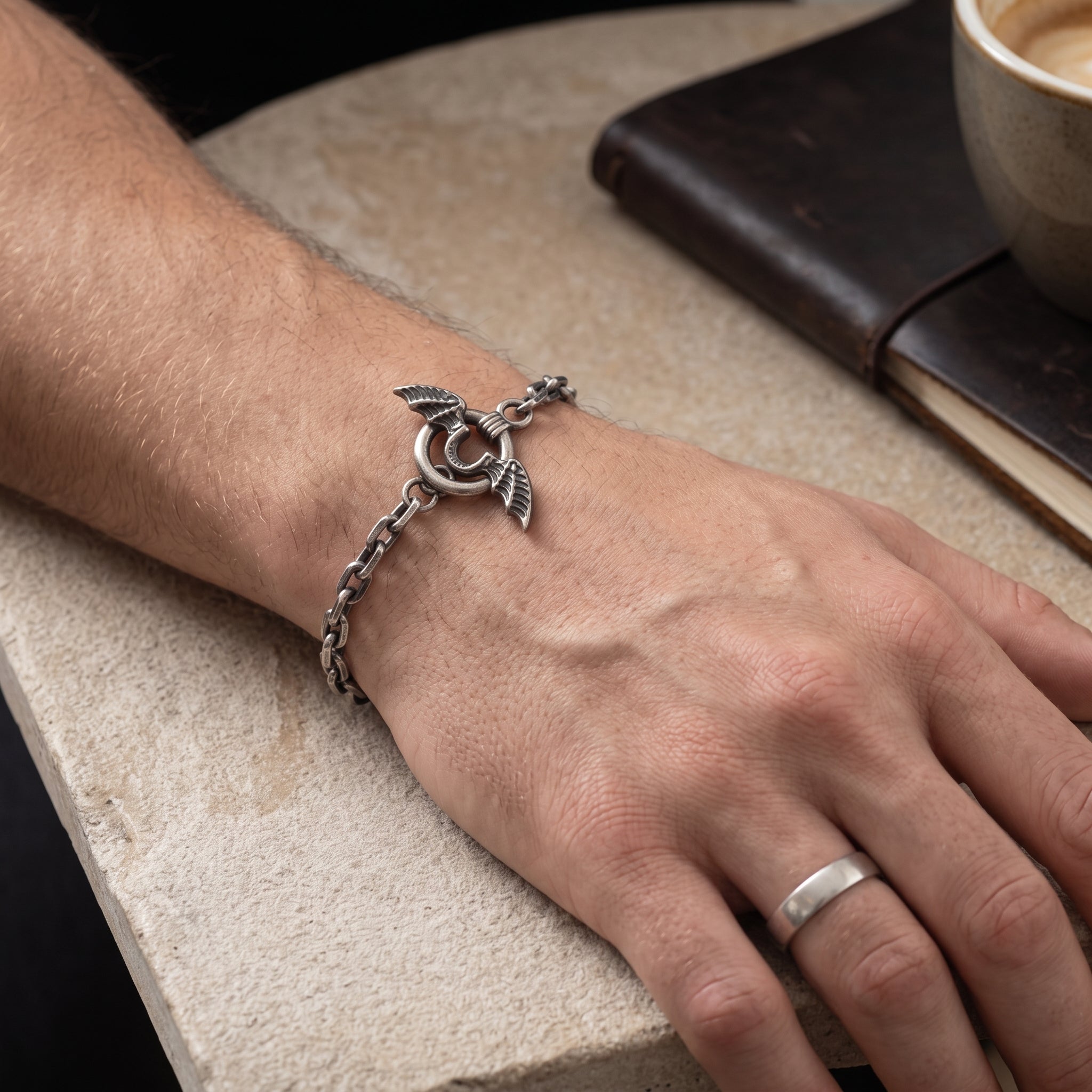 925 Sterling Silver Gothic Winged Toggle Clasp Durable Link Chain Bracelet
