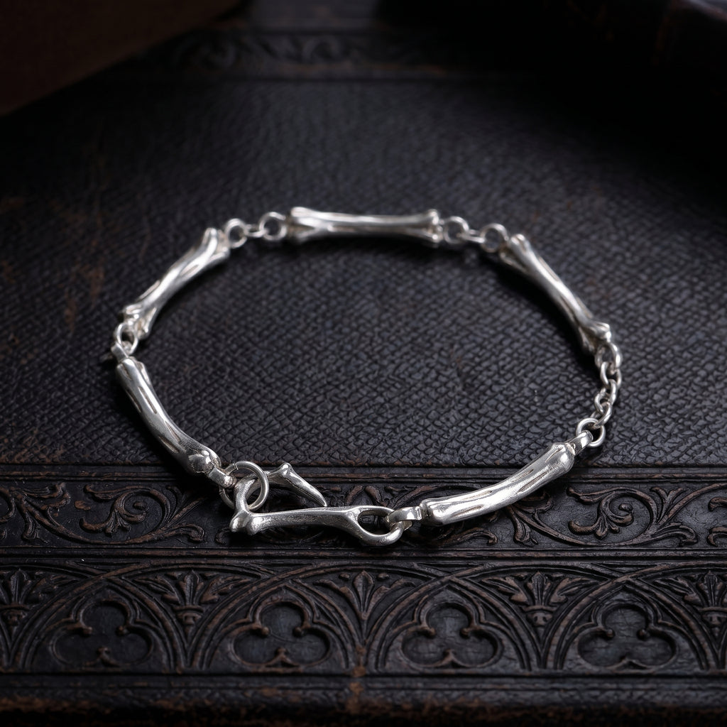 925 Sterling Silver Skeleton Bone Link Bracelet, Dark Mythic Bone Hook Clasp Minimalist Wristband