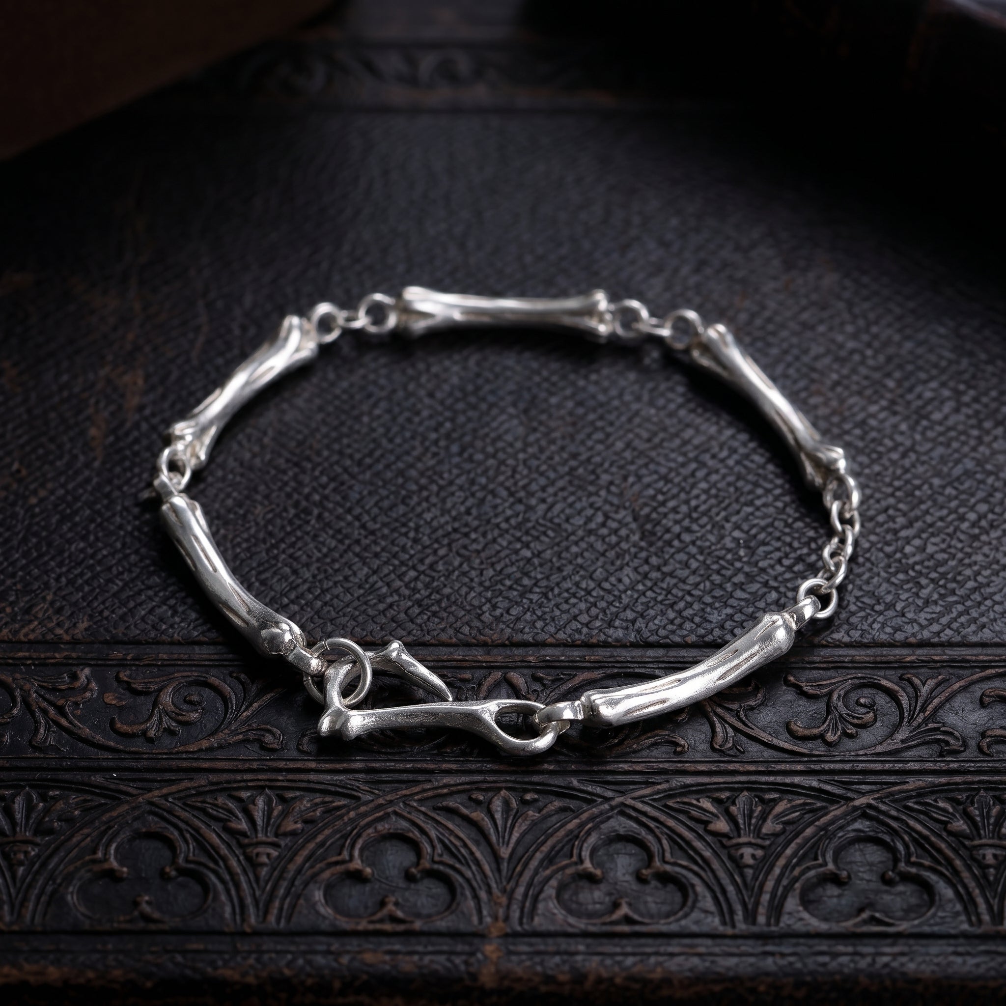 925 Sterling Silver Skeleton Bone Link Bracelet, Dark Mythic Bone Hook Clasp Minimalist Wristband
