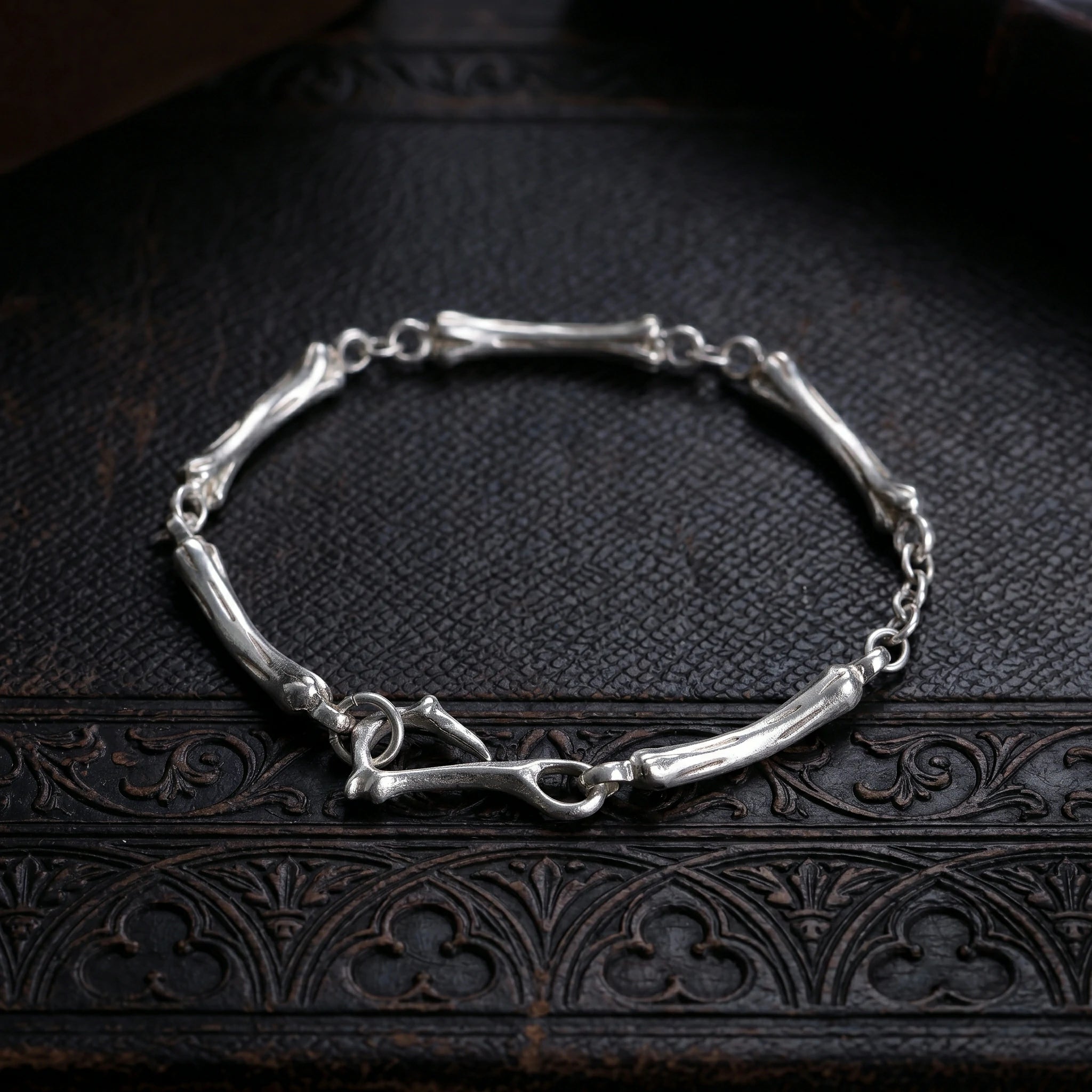 925 Sterling Silver Skeleton Bone Link Bracelet, Dark Mythic Bone Hook Clasp Minimalist Wristband