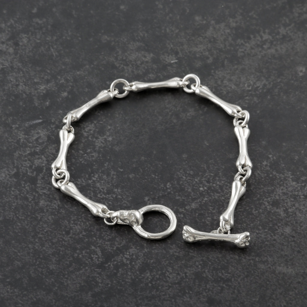 Gothic Anatomy Bone Link Bracelet, 925 Sterling Silver Skeleton Skull Toggle Clasp Wristband for Men and Women