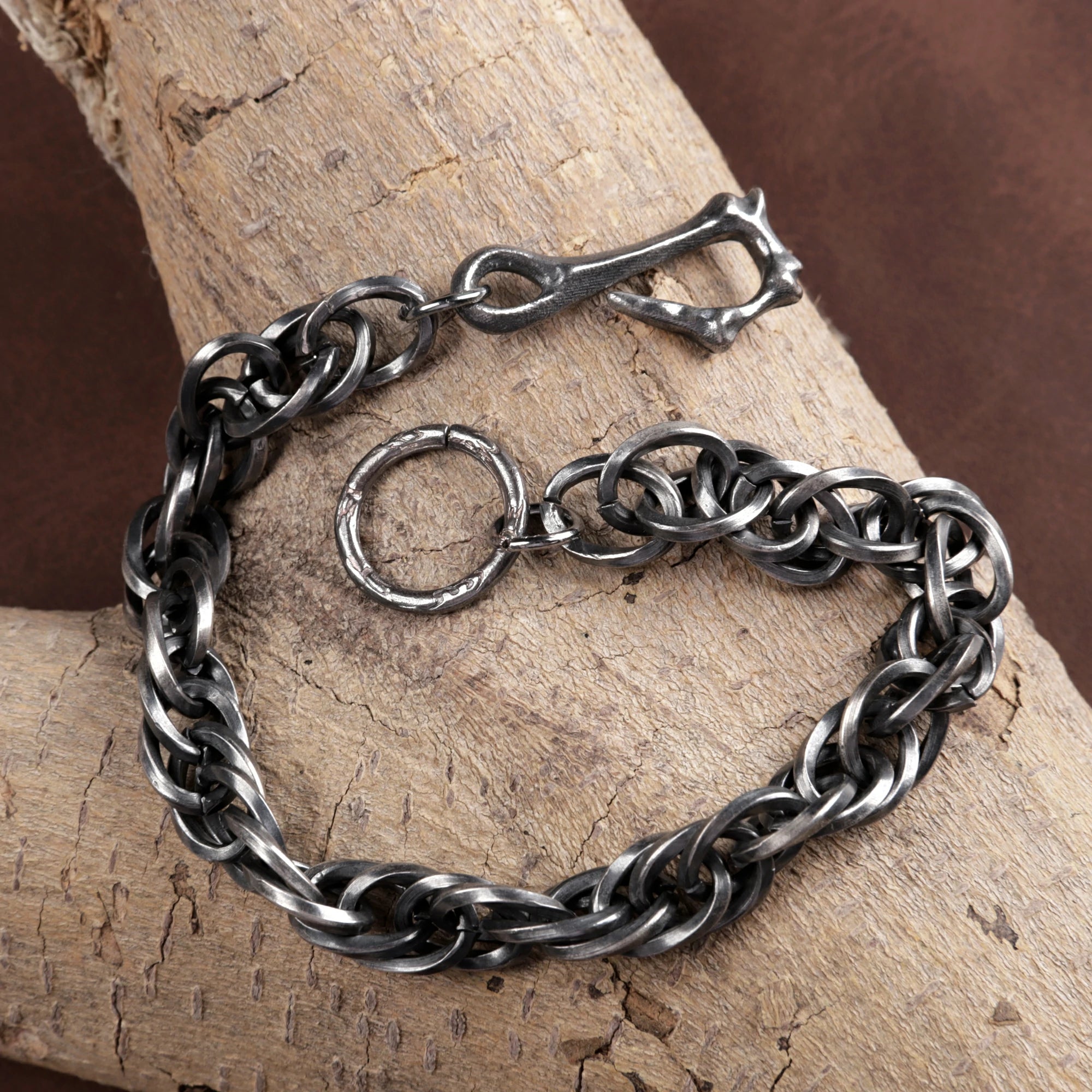 Rustic 925 Sterling Silver Heavy Loop Chain Bracelet with Artisan Bone Clasp
