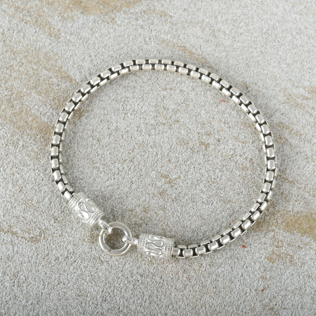 Balinese Totem Box Chain Bracelet, 925 Sterling Silver Ornate End Cap Wristband