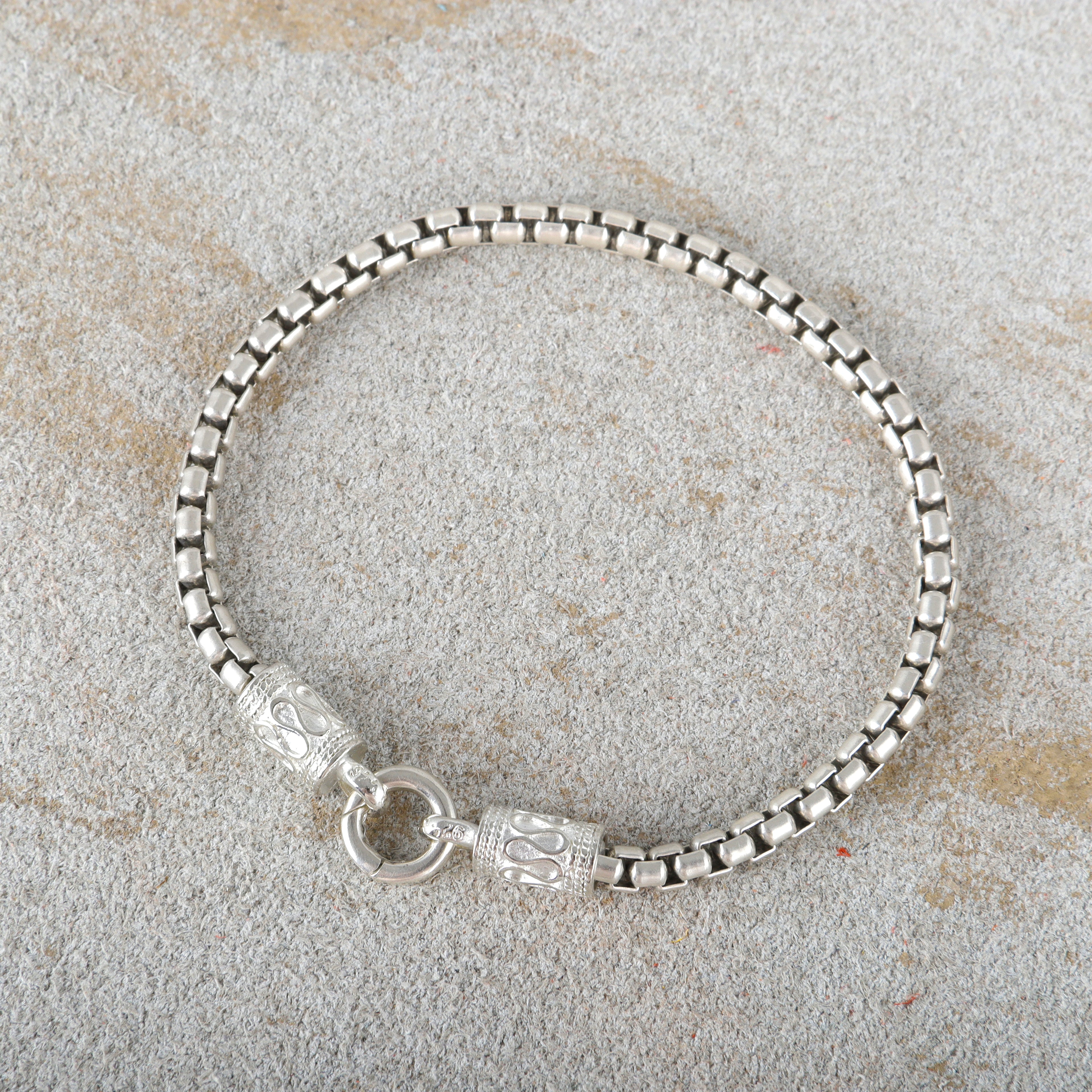 Balinese Totem Box Chain Bracelet, Premium 925 Sterling Silver Ornate End Cap Wristband