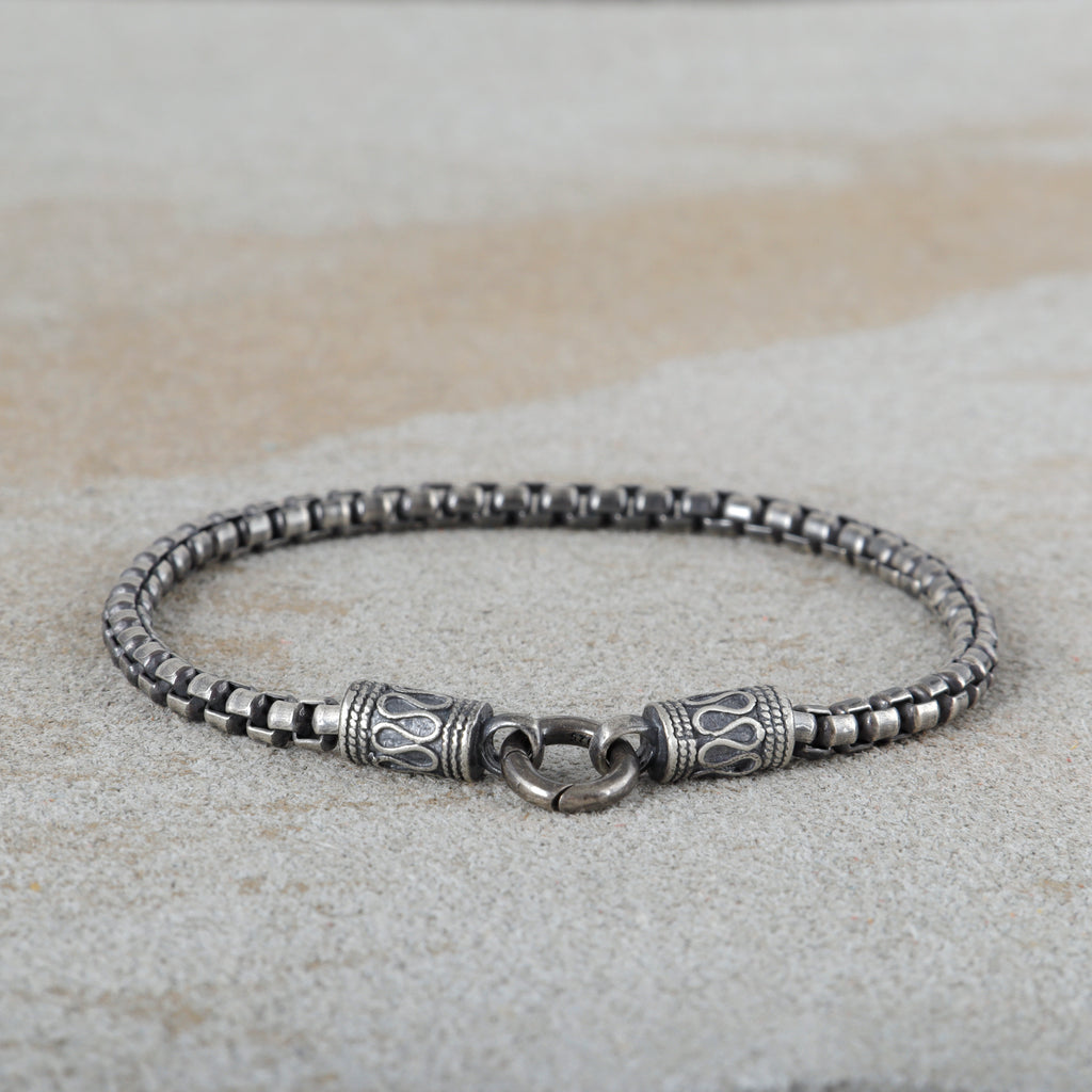 Balinese Totem Box Chain Bracelet, Premium 925 Sterling Silver Ornate End Cap Wristband