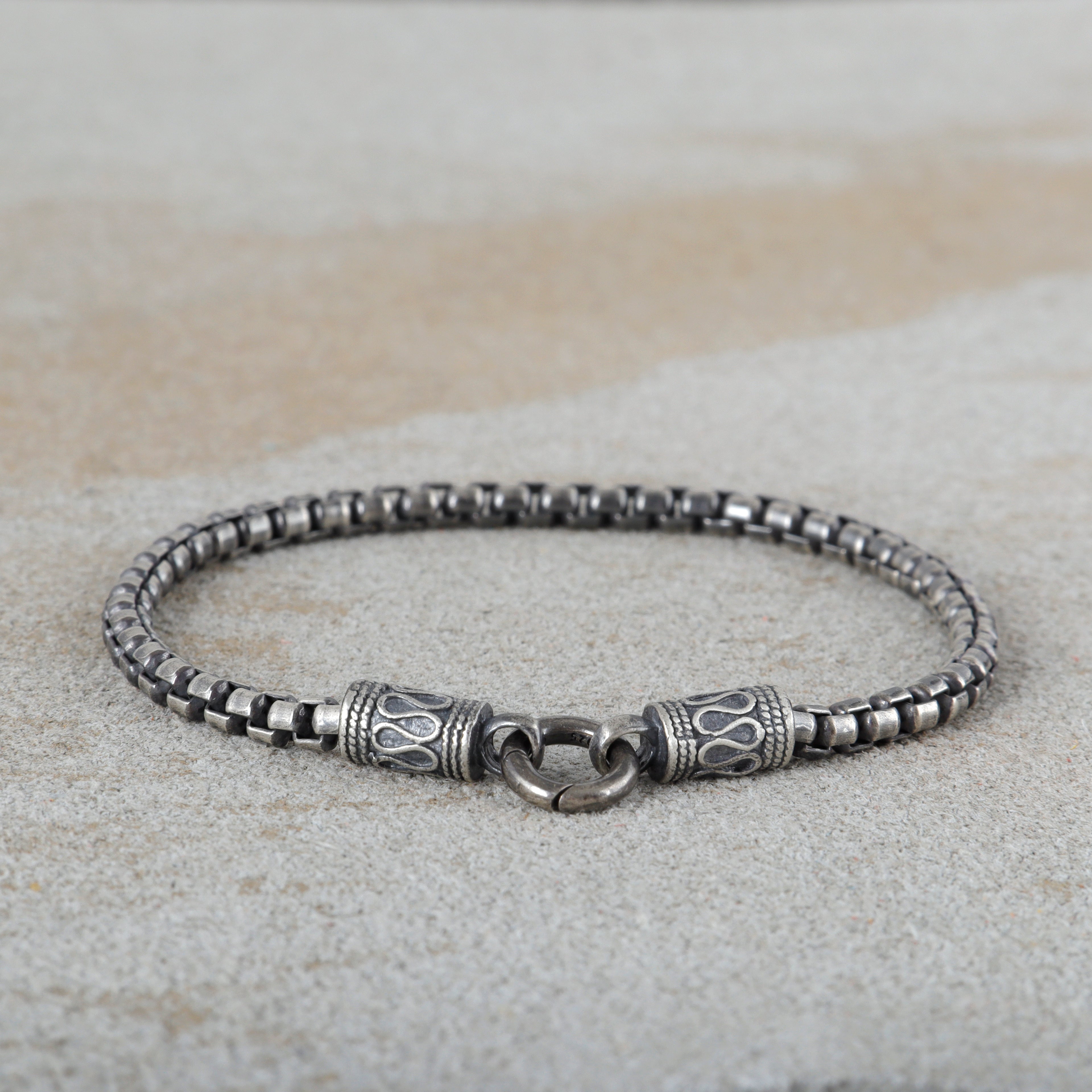 Balinese Totem Box Chain Bracelet, Premium 925 Sterling Silver Ornate End Cap Wristband