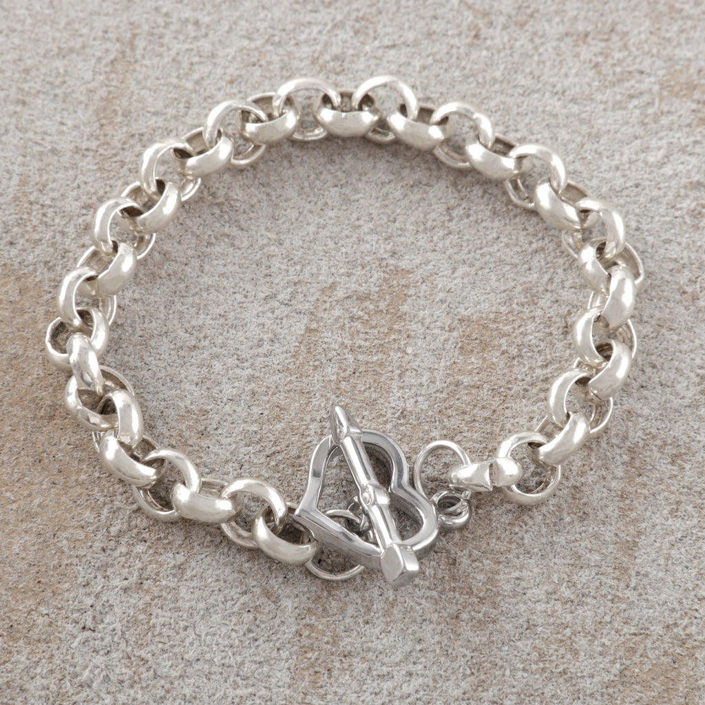 925 Sterling Silver Cupid's Arrow Heart Toggle Clasp Rolo Chain Bracelet
