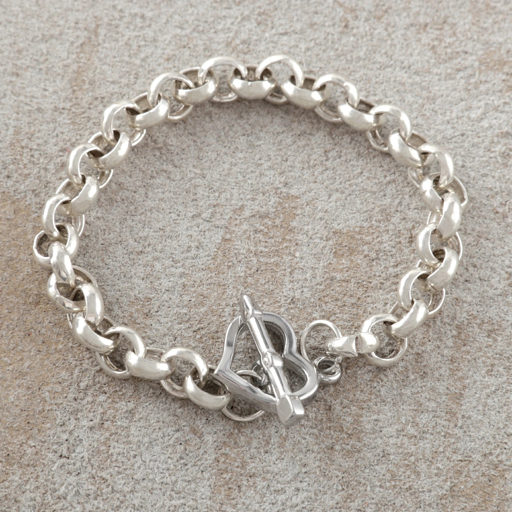 925 Sterling Silver Cupid's Arrow Heart Toggle Clasp Rolo Chain Bracelet