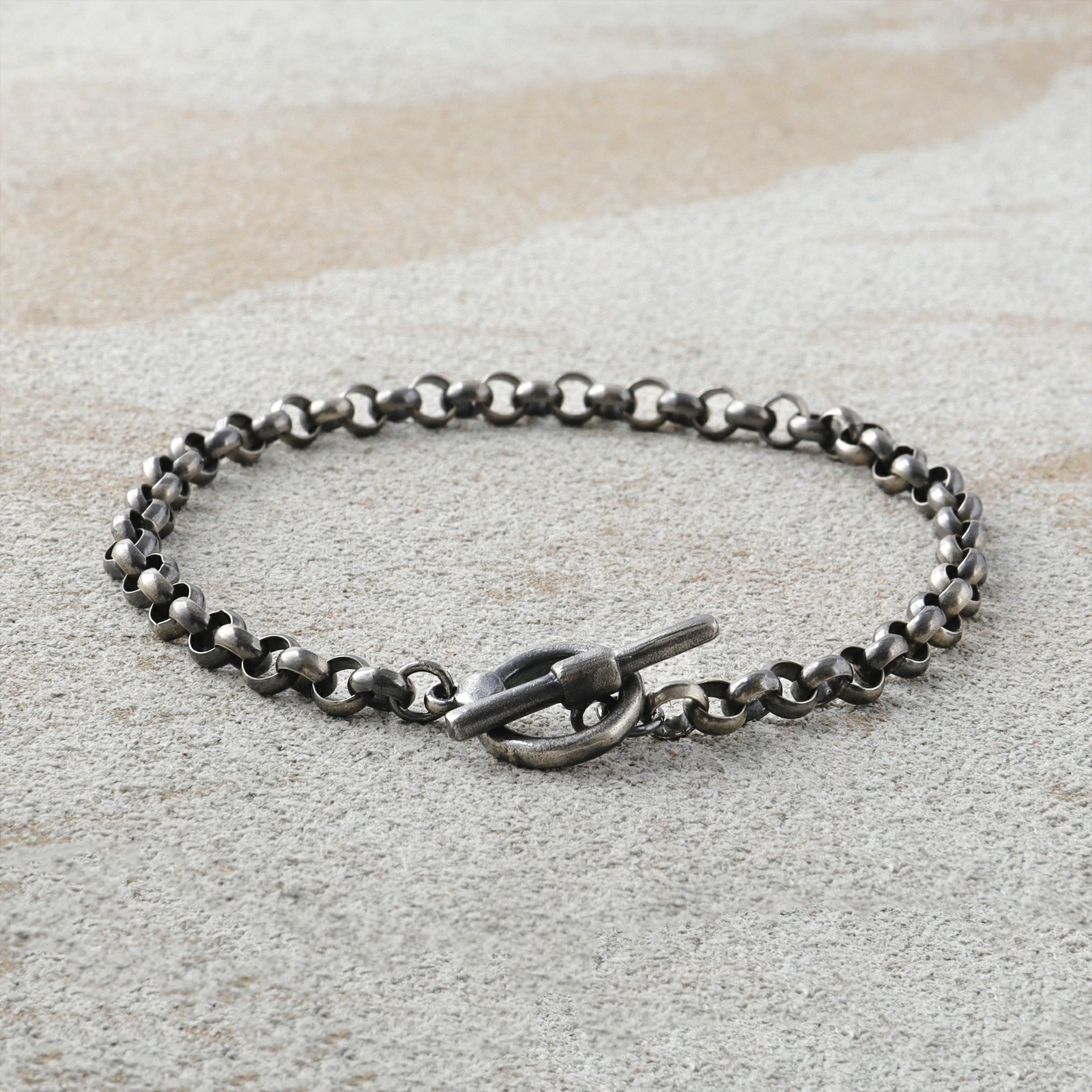 Modern Industrial Rolo Chain Bracelet, Oxidized 925 Sterling Silver Vintage Statement Wristband