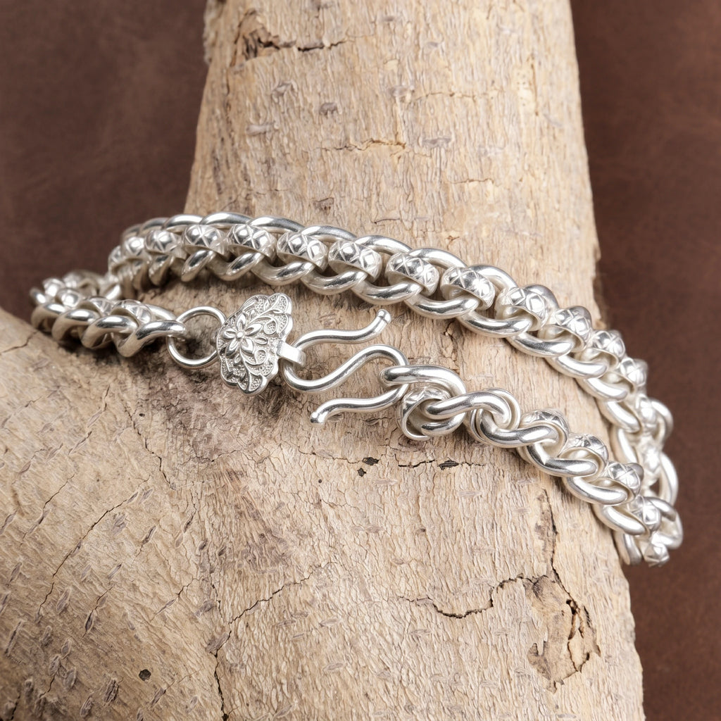 Vintage 925 Sterling Silver Floral Clasp Chain Bracelet for Women