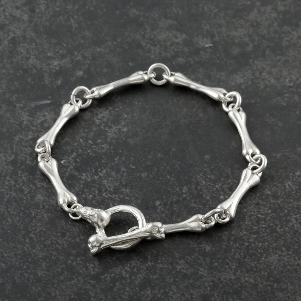 Gothic Bone Link Bracelet, 925 Sterling Silver Skeleton Skull Toggle Clasp Wristband