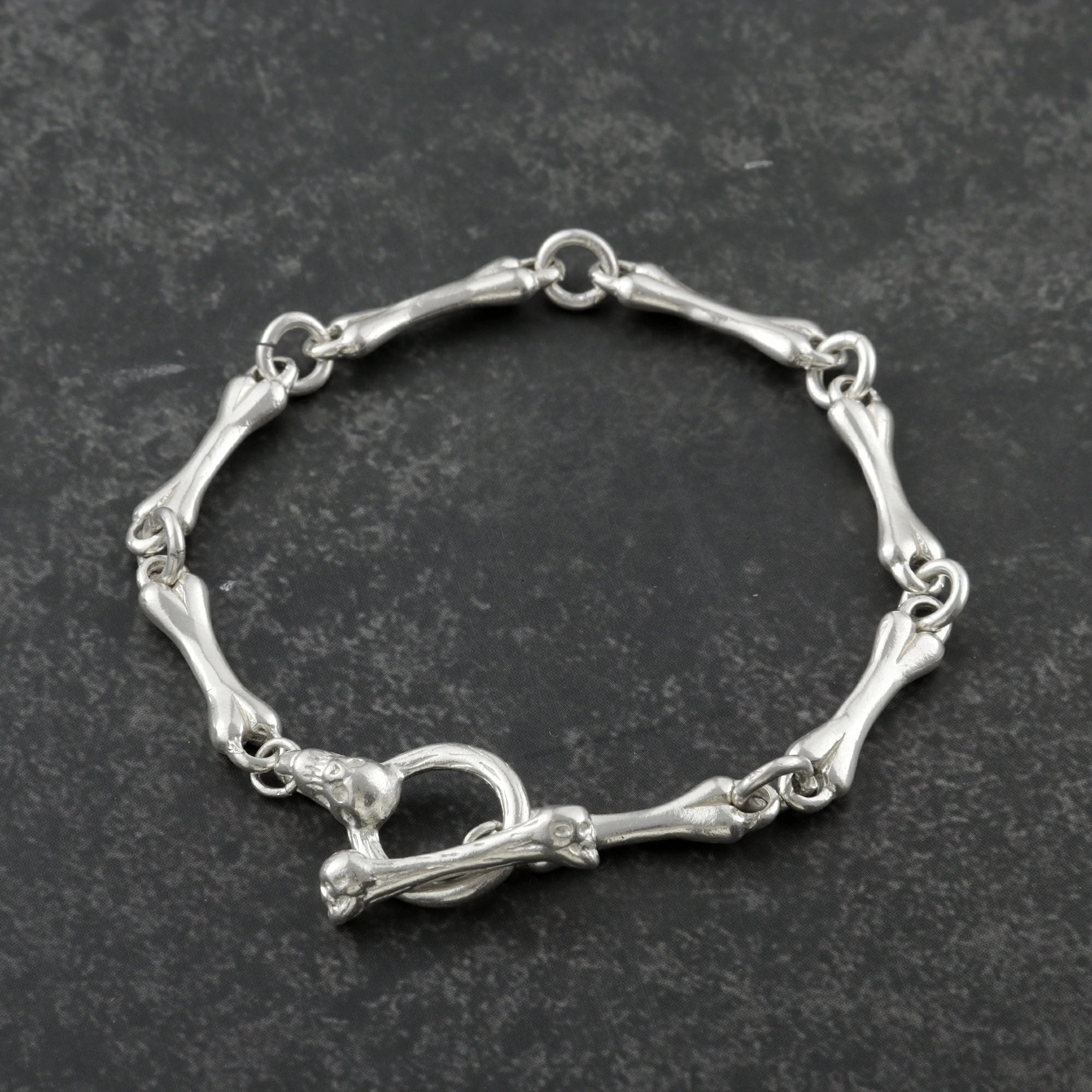 Gothic Bone Link Bracelet, 925 Sterling Silver Skeleton Skull Toggle Clasp Wristband